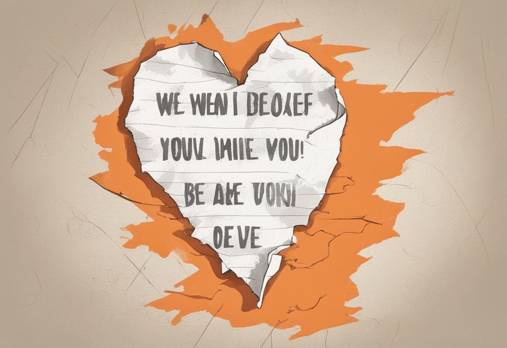 Vintage-Illustration mit herzförmigem zerrissenem Papier und einem Spruch zur Trennung vom Partner auf einem düsteren Hintergrund in Orange.