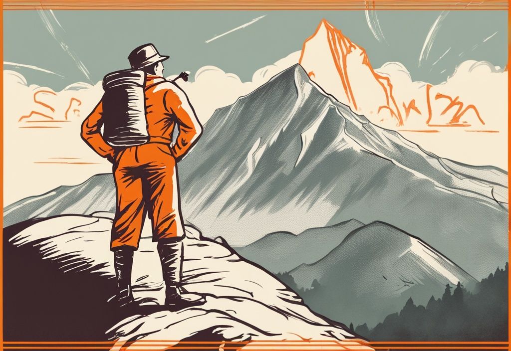 Sieger auf Berggipfel mit Nichtraucher-Motivationsschild, vintage Skizze, orange Farbschema