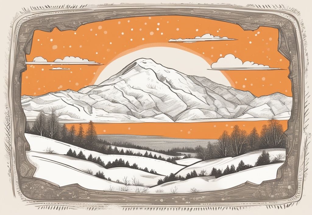 Vintage-Skizze mit orangefarbenem Thema, schneebedeckte Landschaft im Zentrum, Zitatblase mit kurzem Winterspruch.