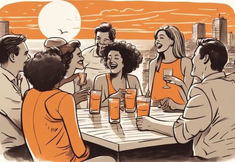 Vintage-Skizzenillustration mit orangefarbenem Thema: Gruppe von Menschen lacht und stößt bei einer Dachparty mit Sonnenuntergang an, begleitet von einem handgeschriebenen Zitat über unvergessliche Momente. Unvergessliche Momente Sprüche.