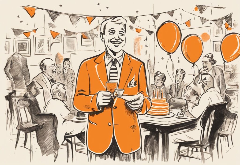 Vintage-Illustration eines Mannes, der freudig seinen Geburtstag feiert, mit inspirierenden und witzigen Geburtstag Männer Sprüche über das Alter und das Leben in orangefarbenen Tönen.