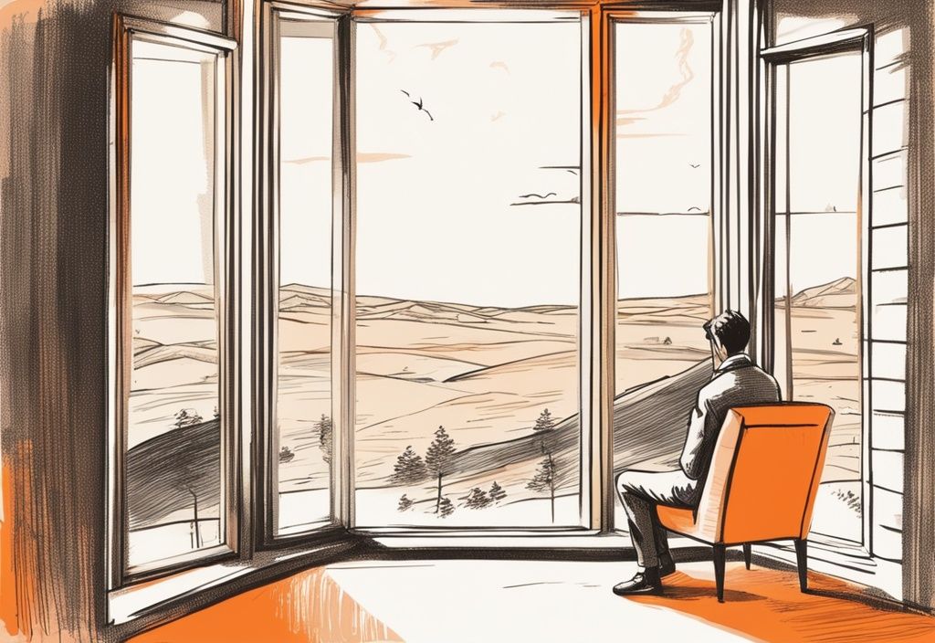 Vintage-Skizze einer einsamen Figur am Fenster mit orangefarbenem Thema und einem subtil überlagerten Zitat über Nachdenken Einsamkeit Sprüche in einer weiten, leeren Landschaft.