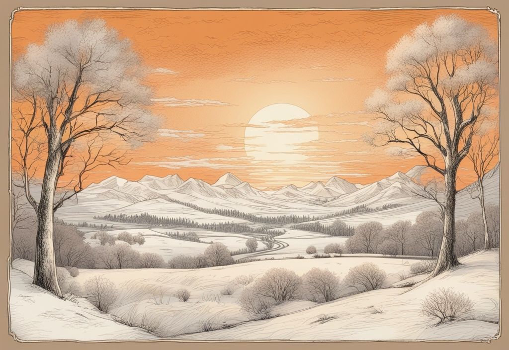 Vintage-Skizze einer verschneiten Landschaft im orangefarbenen Sonnenuntergang mit nachdenklichen Sprüchen Jahresende im Schnee.