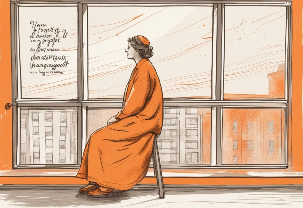 Vintage-Skizzenillustration eines starken, hoffnungsvollen Patienten, der aus einem Krankenhausfenster schaut, mit einem transparenten Overlay eines inspirierenden Zitats über Mut und Stärke bei Krankheit, Hauptfarbthema Orange.