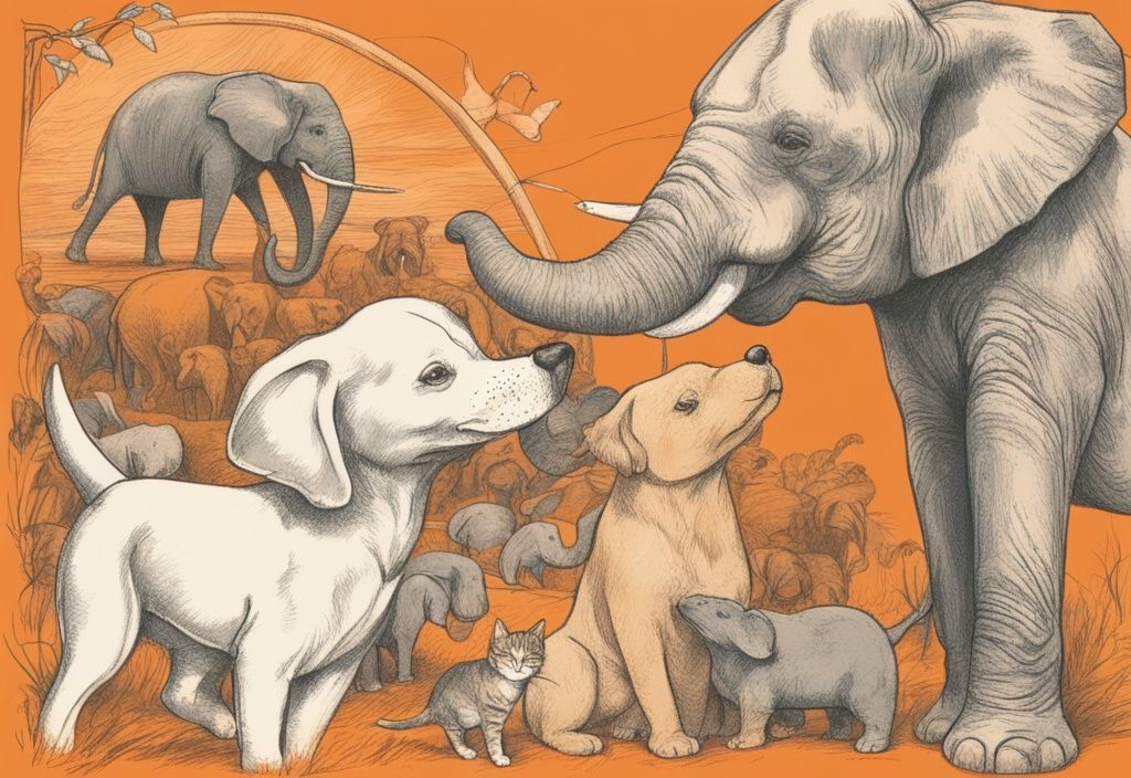 Vintage-Skizzenillustration in Orange mit Hunden, Katzen, Elefanten und Delfinen, die freundliche und mitfühlende Handlungen ausführen, begleitet von Phrasen, die ihre überlegenen menschlichen Qualitäten widerspiegeln.