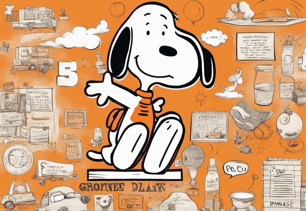 Vintage-Skizze mit Snoopy in komischen Situationen und lustige Snoopy Sprüche in orangefarbenem Thema