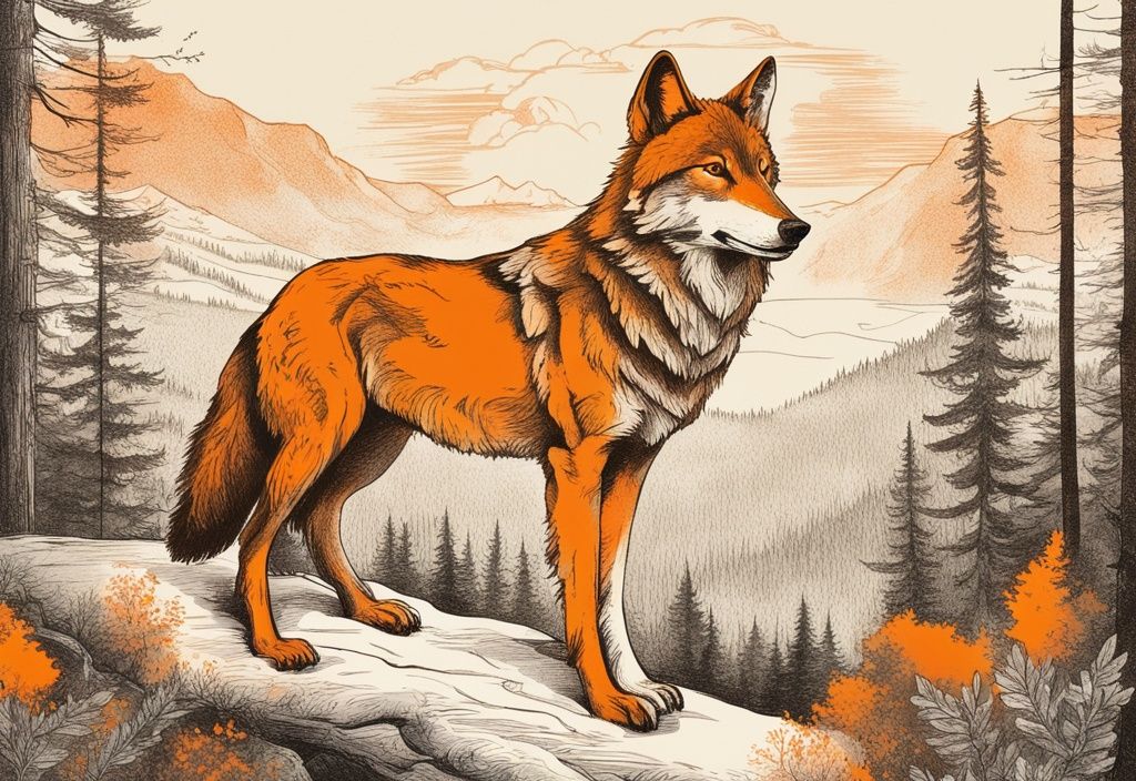 Vintage Illustration eines majestätischen Wolfs im ruhigen bayerischen Wald mit einem deutschen Weisheit Zitat in eleganter Schrift, Weisheit Wolf Sprüche Deutsch.