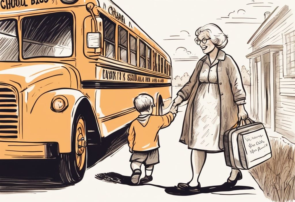 Vintage Illustration: Oma hält ein handgeschriebenes Schild mit Einschulung Sprüche von Oma und winkt ihrem Enkel, der in den Schulbus einsteigt.