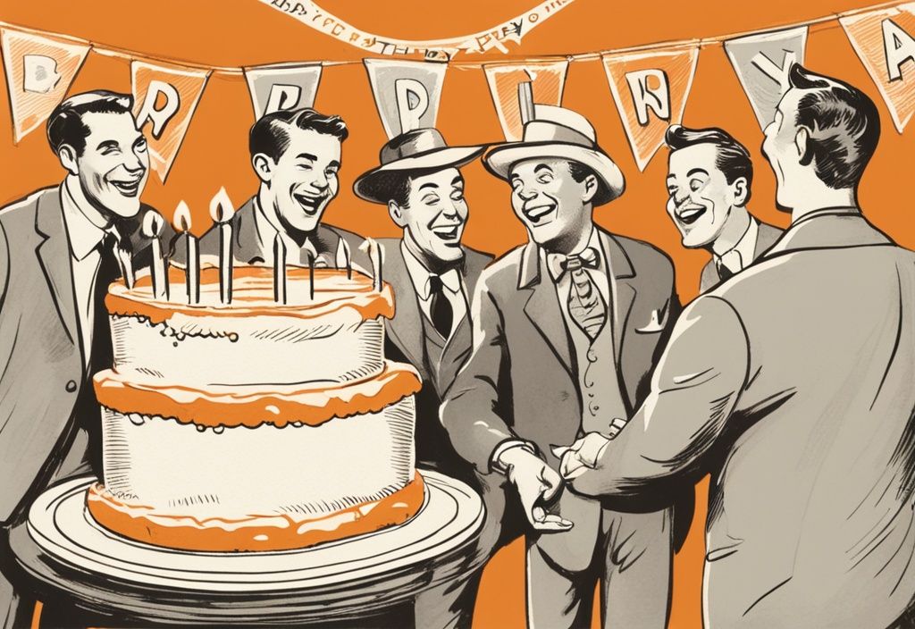 Vintage-Skizze mit fröhlichen Männern, die um eine Geburtstagstorte lachen und auf ein Banner mit lustige Geburtstag Sprüche für Mann zeigen, orange Farbschema.