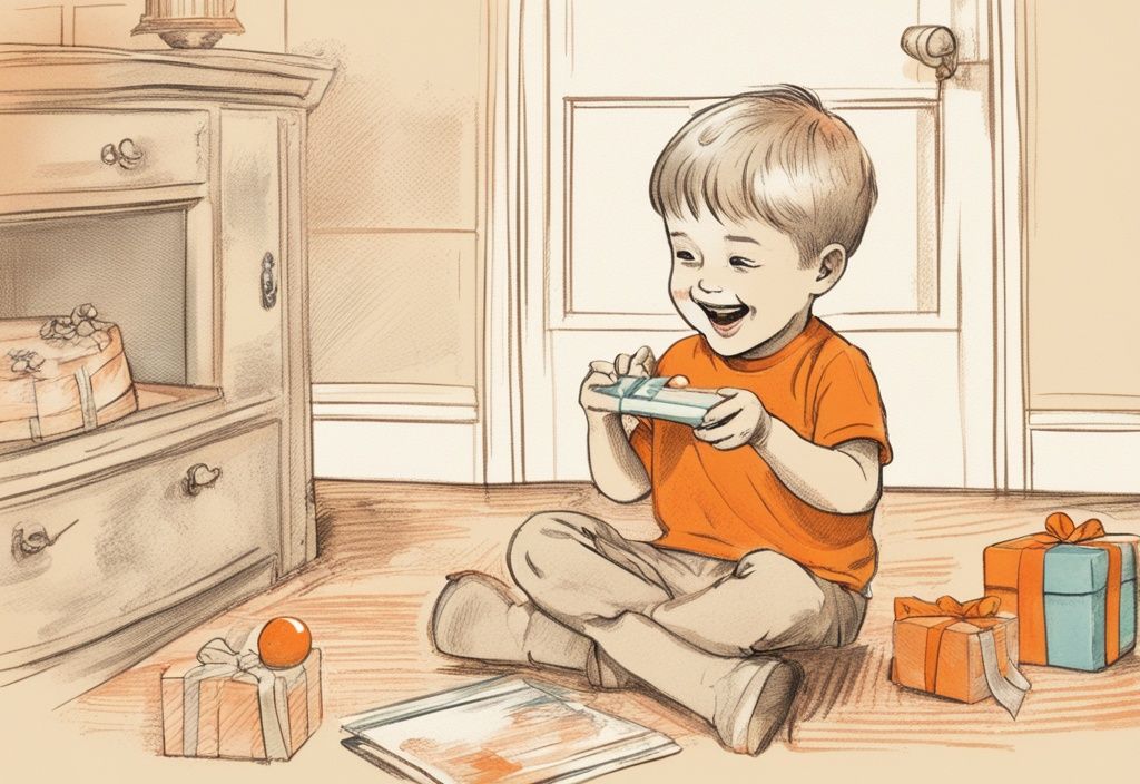 Vintage-Skizzenillustration eines fröhlichen 3-jährigen Jungen, der seine Geburtstagsgeschenke öffnet, mit orangefarbenem Thema und inspirierenden Sprüchen zum 3. Geburtstag Junge.