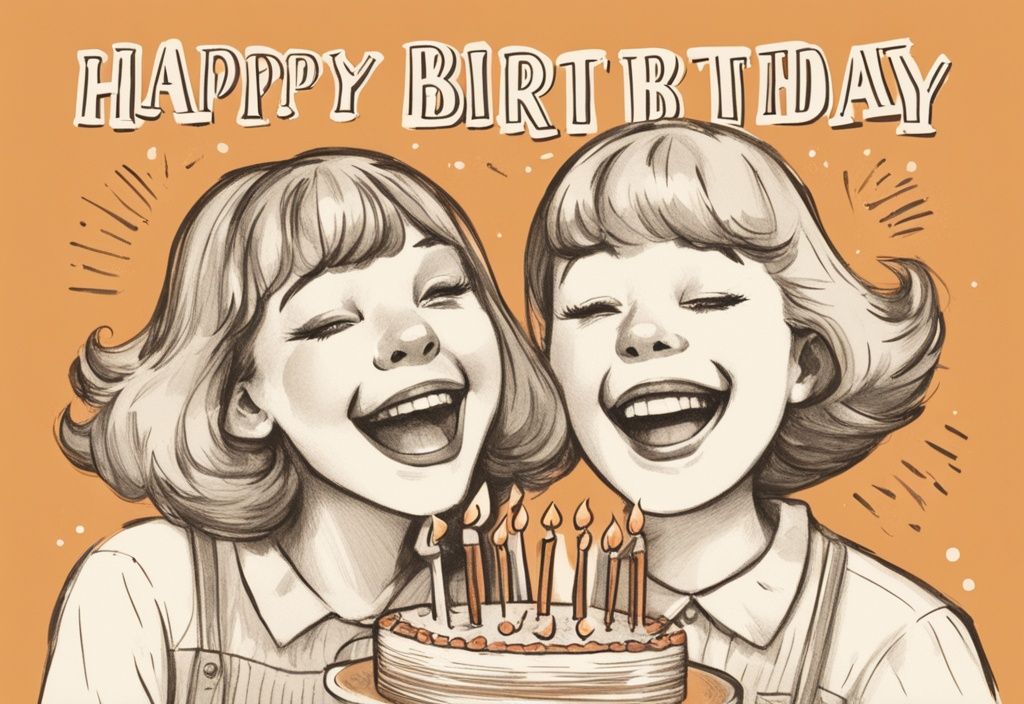 Vintage-Skizzenillustration von zwei besten Freunden, die Geburtstag feiern und zusammen lachen, einer hält eine Karte mit einem herzlichen Geburtstagszitat, orangefarbene Farbthema.