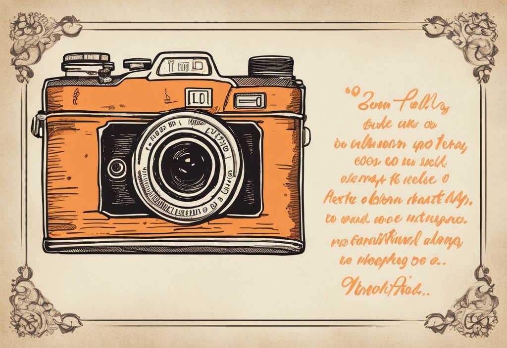 Vintage-Skizzenillustration einer klassischen Kamera mit inspirierendem Zitat über Fotografie, Hauptfarbton Orange