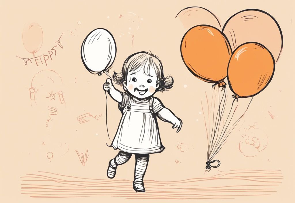 Vintage-Skizzen-Illustration eines zweijährigen Mädchens, das mit pastellfarbenen Luftballons spielt, inspiriert durch Geburtstagszitate, orangefarbenes Farbschema