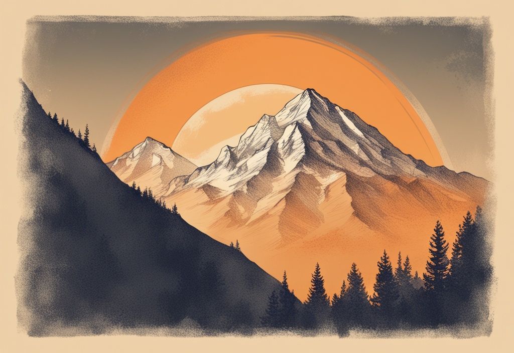 Vintage Skizze eines Berggipfels bei Sonnenaufgang mit inspirierenden Erfolgssprüchen in Orange