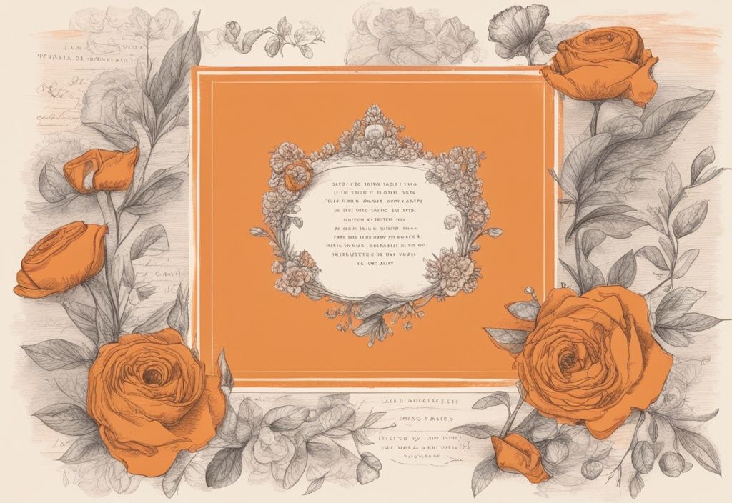 Vintage-Skizze in Orange: Elegante Hochzeitskarte auf romantischem, vintage Tisch mit schönen Sprüchen für Hochzeitskarte.