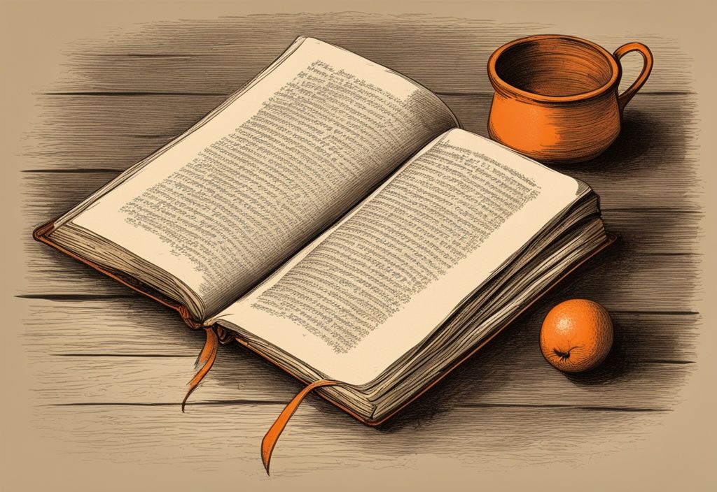 Vintage-Skizzenillustration eines offenen alten Buches auf einem rustikalen Tisch, zeigt die Seiten von Psalmen und Sprüchen, beleuchtet von sanftem Licht, Hauptfarbthema orange.