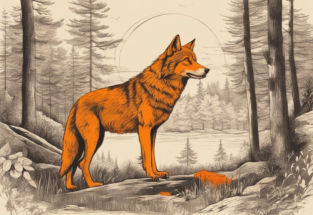 Weise Wolf in ruhiger Waldszene mit deutschen Weisheitssprüchen, Vintage-Skizze, orange Farbtöne