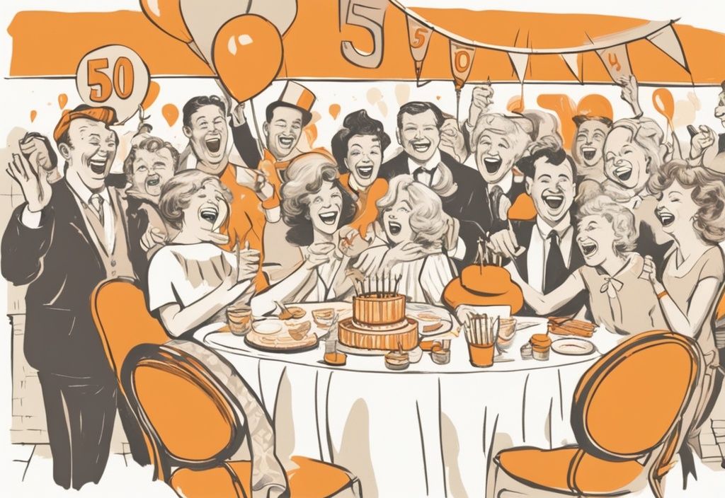 Vintage-Skizzenillustration einer fröhlichen 50. Geburtstagsfeier mit lachenden Menschen, übertriebenem '50'-Requisit und Sprechblasen mit humorvollen Zitaten über das 50-Jahre-Altwerden, orangefarbenes Farbschema