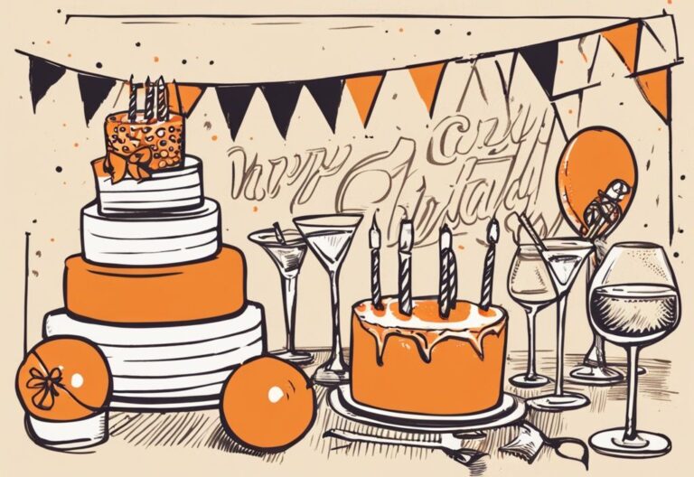 Vintage-Skizzenillustration mit orangem Farbthema, lebendigem Party-Hintergrund und großem, frechem Zitat für den 21. Geburtstag - Freche Sprüche zum 21. Geburtstag.