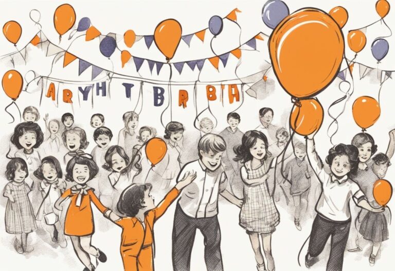 Vintage-Skizze mit orangefarbenem Thema, bunte Party-Szene mit großer Acht, dekoriert mit Luftballons und Girlanden, Banner mit kurzen 8. Geburtstag Sprüchen für Kinder.