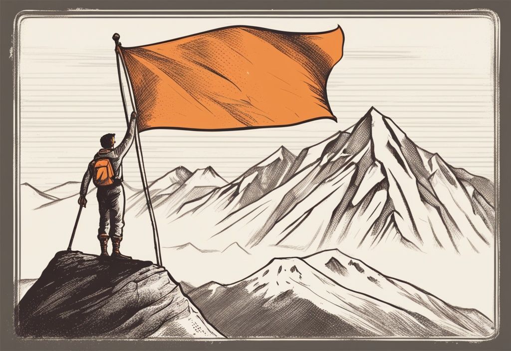 Vintage-Skizze einer Person auf einem Berggipfel mit Flagge und inspirierendem Ziel erreichen Sprüche in orangefarbenem Design