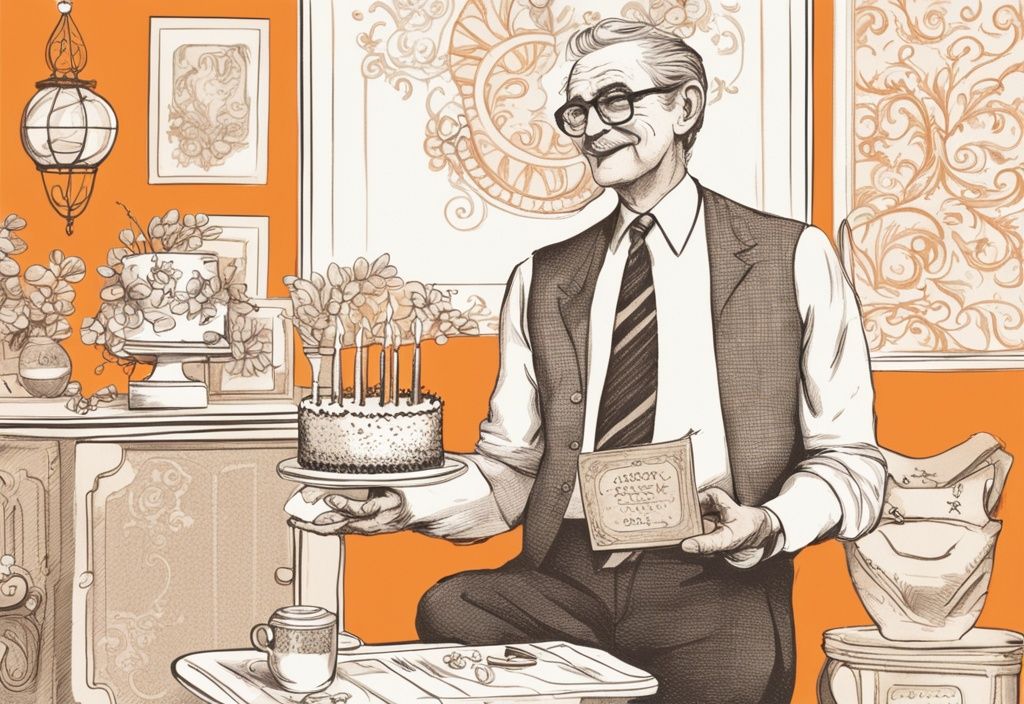 Vintage-Skizzenillustration eines stilvollen älteren Mannes, der seinen Geburtstag feiert, umgeben von dekorativen Elementen, hält eine Karte mit einem inspirierenden Zitat über das würdige Älterwerden, Hauptfarbthema Orange.