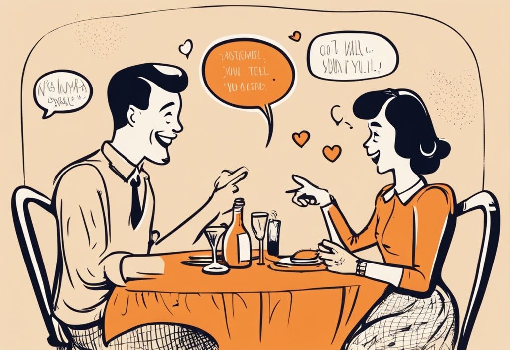 Vintage-Illustration eines Cartoon-Paares auf einem Date mit humorvollen und frechen Zitaten in Sprechblasen, orange Farbthema