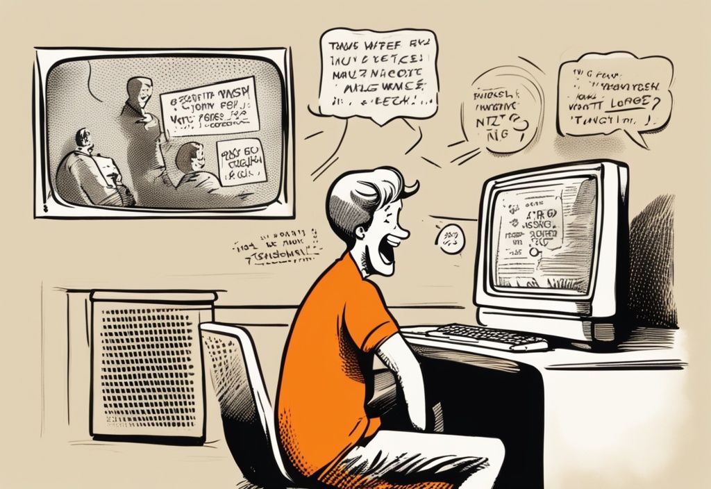 Vintage-Comic-Illustration einer Person, die laut vor einem Computerbildschirm lacht, mit lustigen Zitaten über Nichterreichbarkeit, Hauptfarbthema Orange.