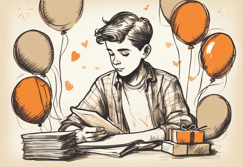 Vintage-Skizzenillustration eines nachdenklichen 14-jährigen Jungen, der Geburtstagszitate auf lebendigen Ballons, Paketen oder Kuchen liest, Hauptfarbthema Orange