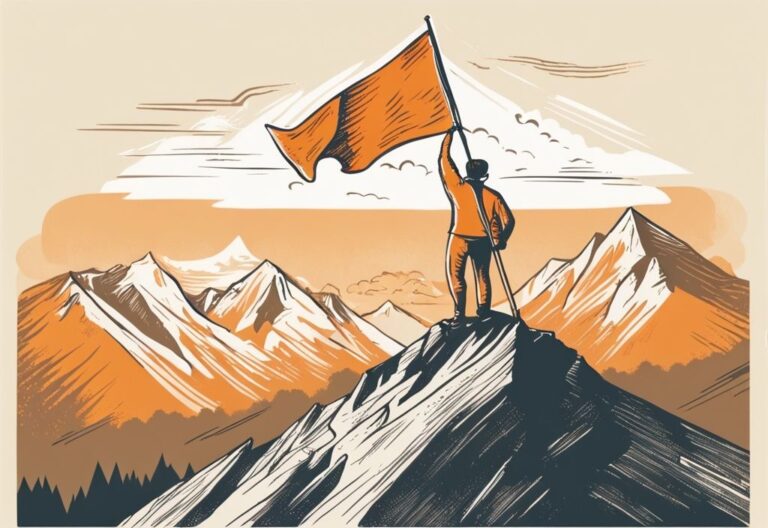 Vintage-Skizzenillustration einer Person auf einem Berggipfel mit einer Flagge und inspirierendem Zitat über Ziel erreichen Sprüche, Hauptfarbe Orange.