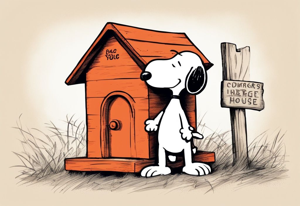 Vintage Illustration von Snoopy auf rotem Hundehäuschen mit humorvollem Zitat auf Holzschild, orangefarbenes Farbschema