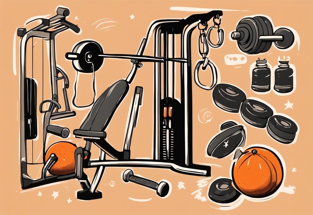 Vintage-Skizzenillustration von skurrilen, cartoonartigen Fitnessgeräten mit orangefarbenem Farbschema und ironisch-motivierenden Sprüchen in Sprechblasen