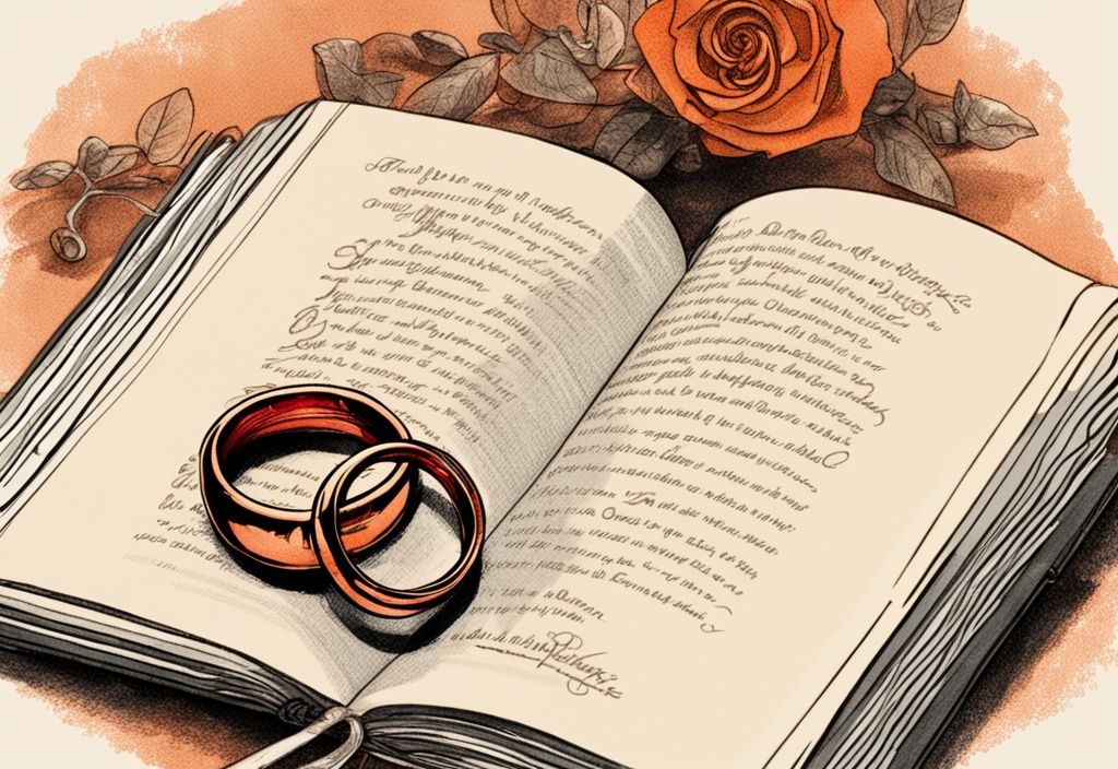 Vintage-Illustration in Orange mit rubinroten Eheringen auf offenem Buch und romantischem Zitat zum 40. Hochzeitstag