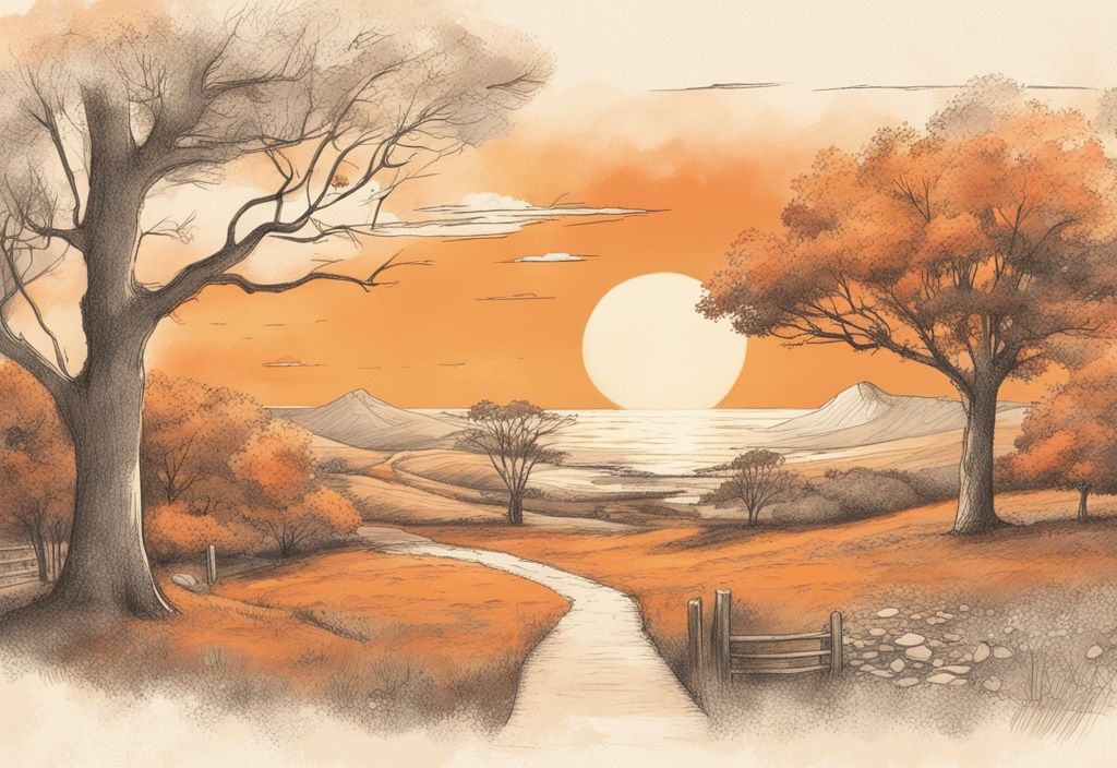 Vintage-Skizzenillustration mit orangefarbenem Hauptthema, zeigt eine ruhige Landschaft mit Sonnenuntergang und nachdenklichen Zitaten.