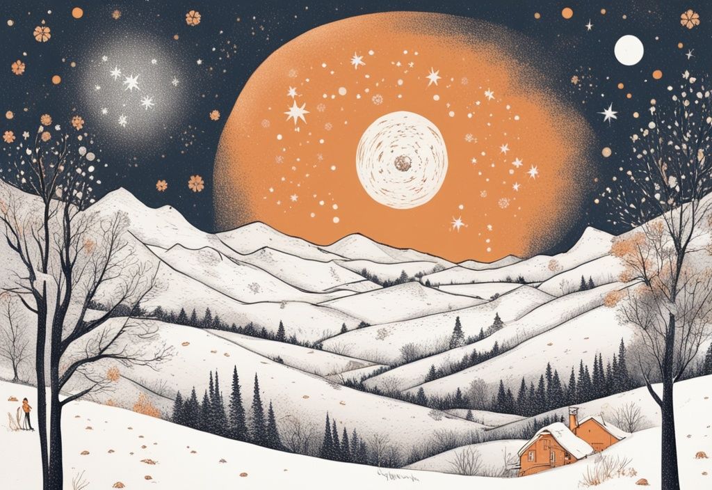 Vintage-Skizzenillustration einer verschneiten Landschaft unter einem sternenklaren Nachthimmel mit beliebten Wintersonnenwende-Sprüchen im Schnee, Hauptfarbthema Orange