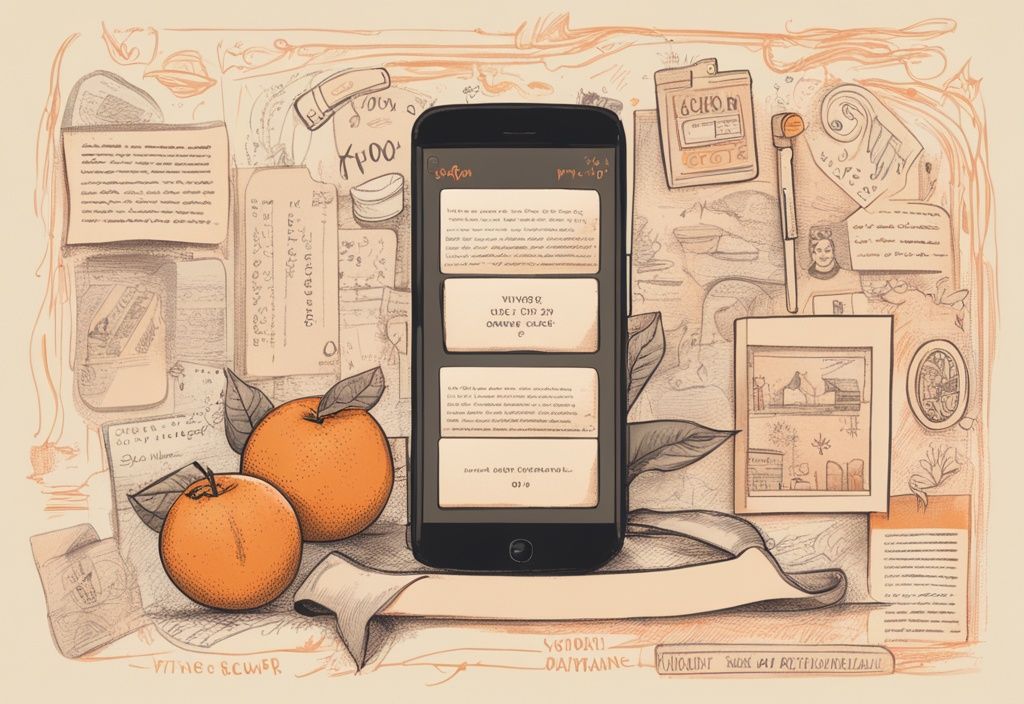 Vintage-Skizzenillustration eines Smartphone-Bildschirms mit geöffneter Soulapp-Anwendung, die eine Vielzahl kostenloser motivierender und inspirierender Soulapp Sprüche kostenlos zeigt, Hauptfarbthema Orange.