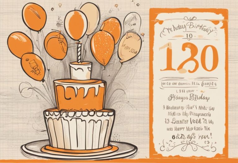 Vintage-Skizzenillustration in Orange mit einer eleganten Geburtstagskarte, die eine runde Zahl hervorhebt, umgeben von herzlichen und humorvollen Sprüchen zum runden Geburtstag.