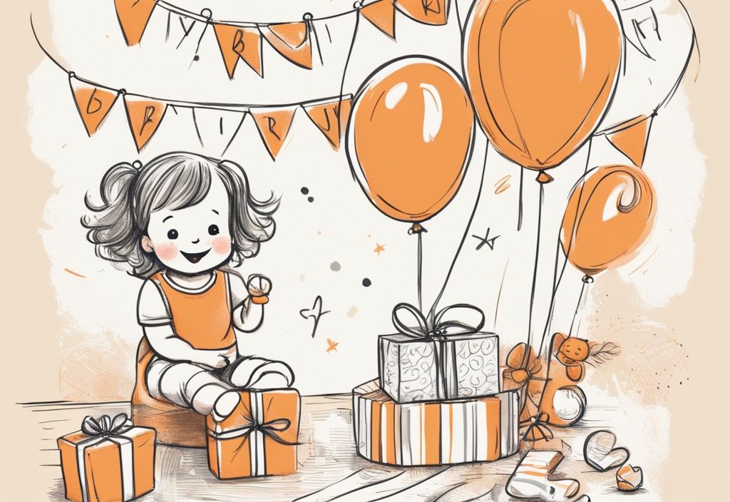 Vintage-Skizzenillustration in Orange, die ein niedliches Cartoon-Setup zum 2. Geburtstag mit einem Mädchen zeigt, das freudig ihre Geschenke öffnet, umgeben von herzerwärmenden Sprüchen zum 2. Geburtstag Mädchen vor einem bunten Ballonhintergrund.