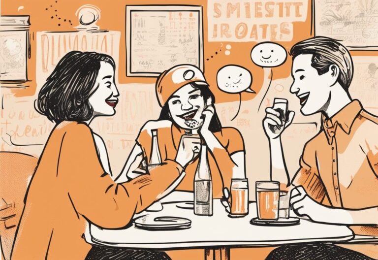 Vintage-Skizzenillustration mit orangefarbenem Thema, mehreren Sprechblasen mit frechen lustigen Date Sprüchen und kleinen Cartoon-Charakteren in einer spielerischen Date-Szene.